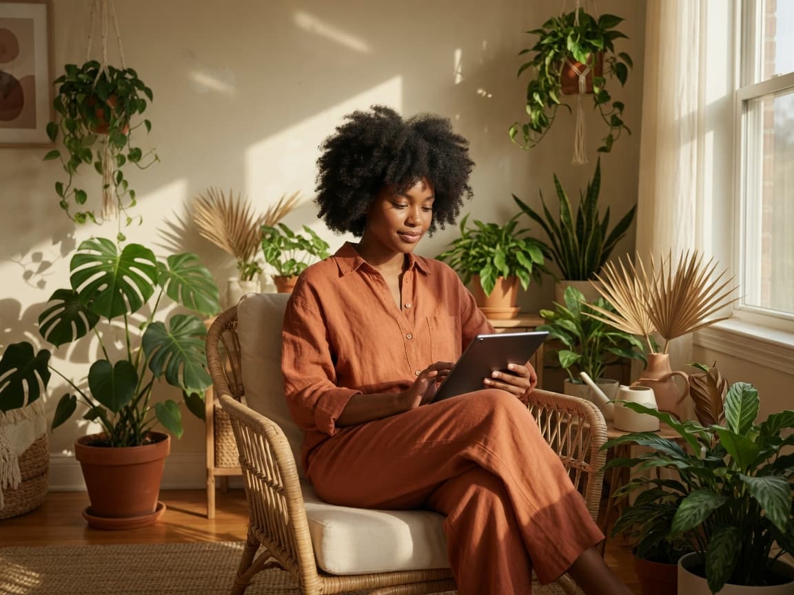 Una persona revisa documentos en una tablet, en un salón con plantas.